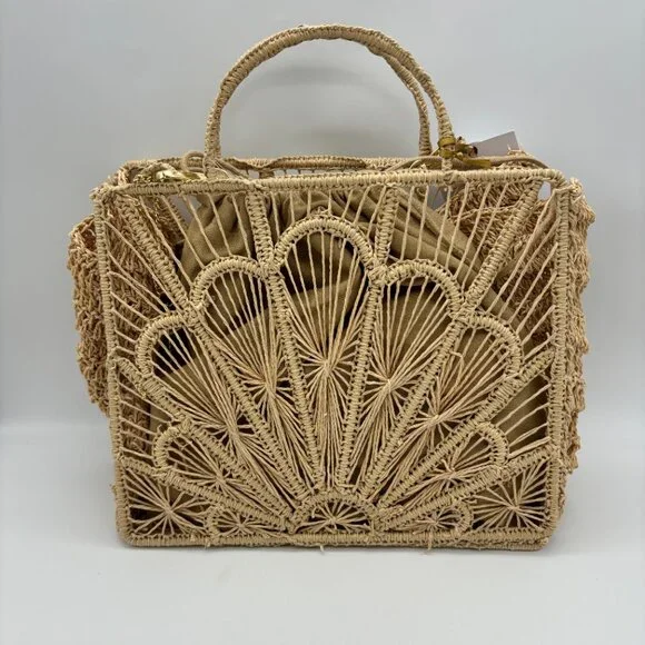 NWT House Of Harlow 1960 Hand Woven Raffia Hand Bag Purse Gold Crossbody Strap - Picture 7 of 7